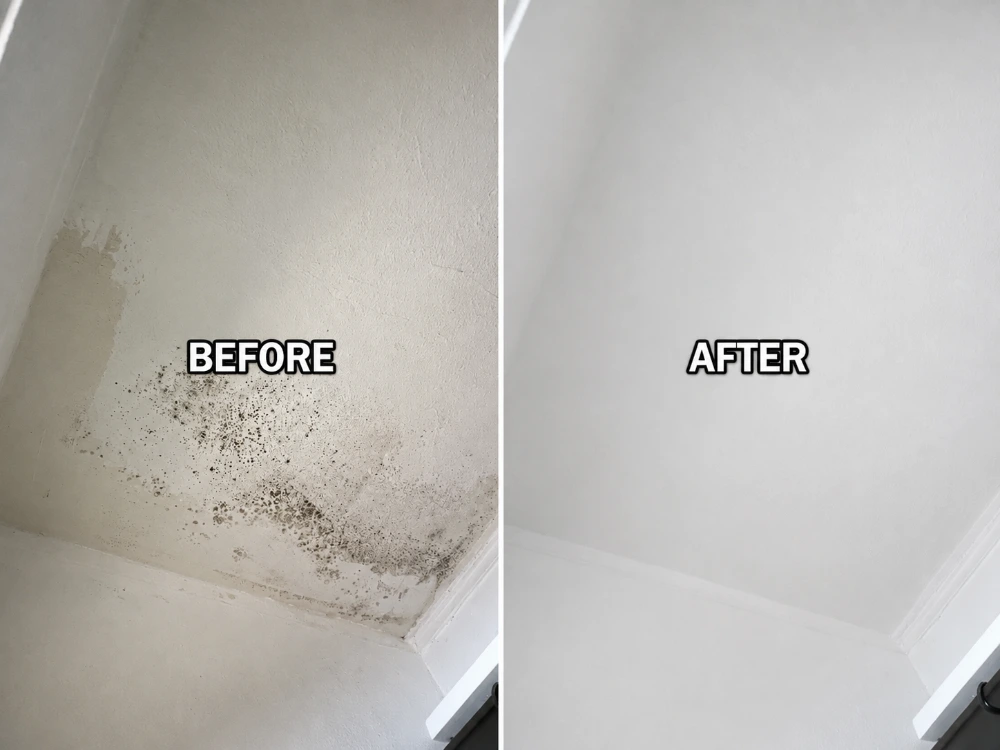 Radiator condensation mold at a wall and ceiling corner