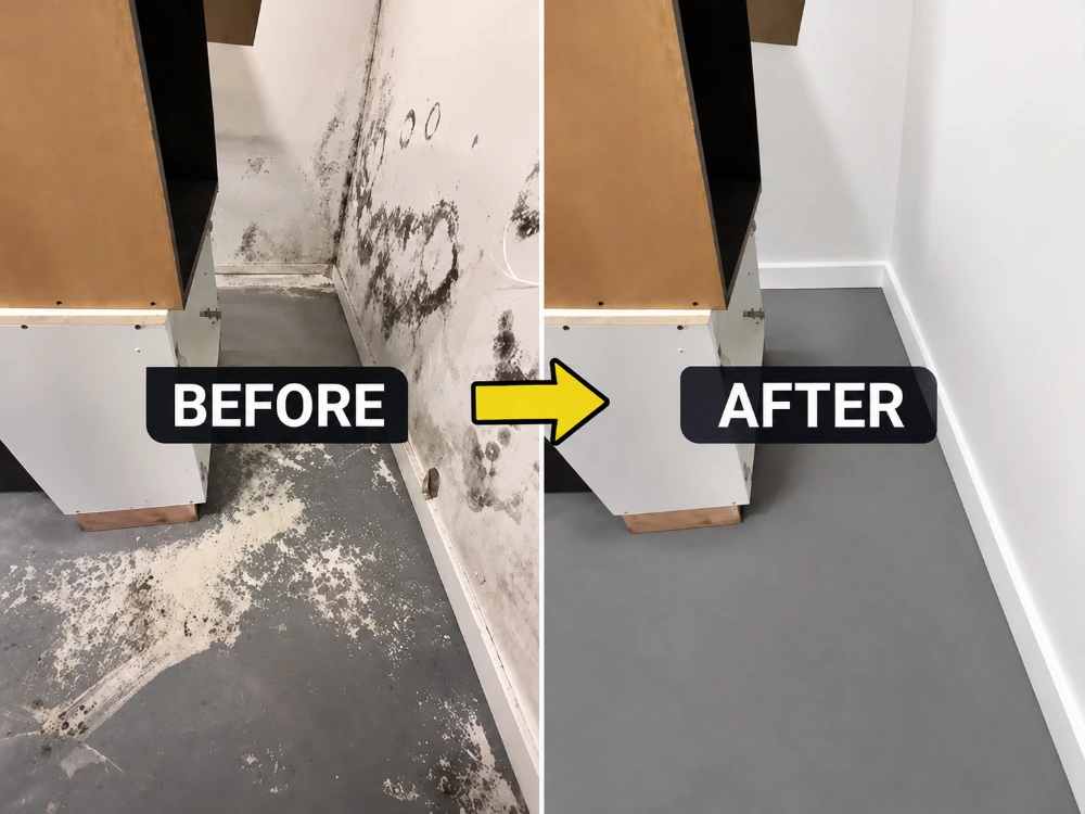 Before and after photos of a basement wall and floor cleared of mold